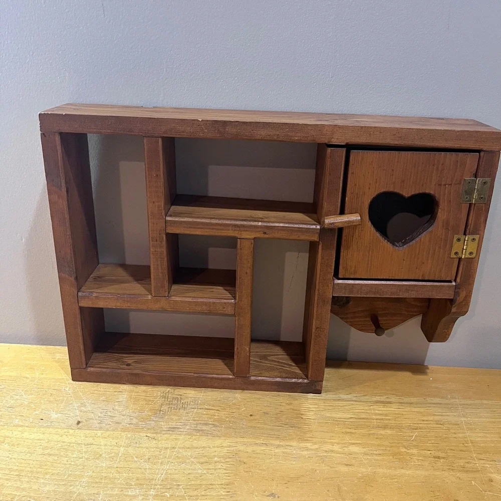Vtg Country Farmhouse Wooden Heart Shadow Box Wall Shelf Trinket Cabinet Brown